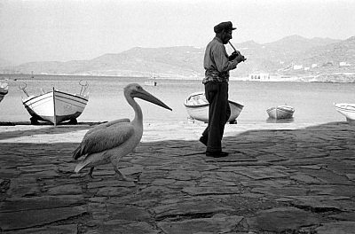 Rene-Burri-1957-Μύκονος-ο-αυλητής-και-ο-πελεκάνος-ο-Βασίλας-και-ο-Πέτρος